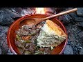Primitive Cooking Campfire Beef Stew Corn Bread Recipe Survival Cooking