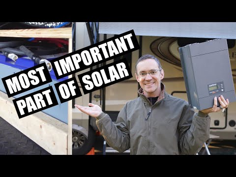 A full-time RVer stands beside an open RV storage compartment holding a solar inverter, with the text "Most Important Part of Solar" displayed across the image. This image introduces a DIY RV solar guide explaining how batteries and inverters work togethe