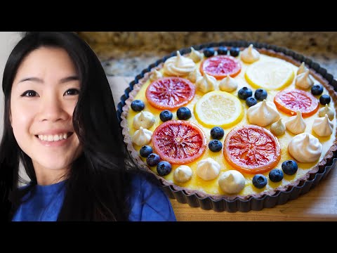 Lemon Meringue Tart With Candied Blood Oranges and Matcha Meringue Cookies
