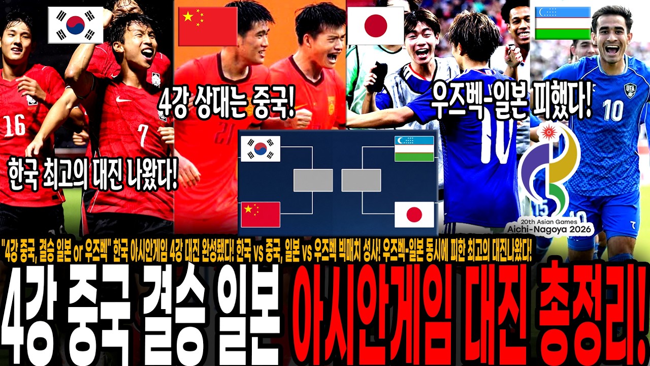 "4강 중국, 결승 일본 or 우즈벡" 한국 아시안게임 4강 대진 완성됐다! 한국 vs 중국, 일본 vs 우즈벡 빅매치 성사! 우즈벡-일본 동시에 피한 최고의 대진나왔다!