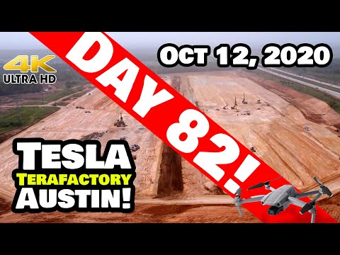 Tesla Gigafactory Austin 4K  Day 82 - 10/12/20 - Tesla Terafactory Texas - Busiest "Holiday" Yet!