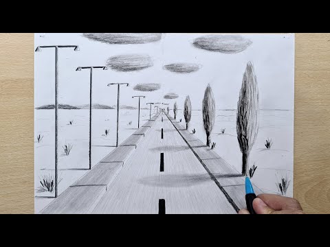 perspektif &ccedil;izimi kolay tek noktalı karakalem manzara &ccedil;izimi
