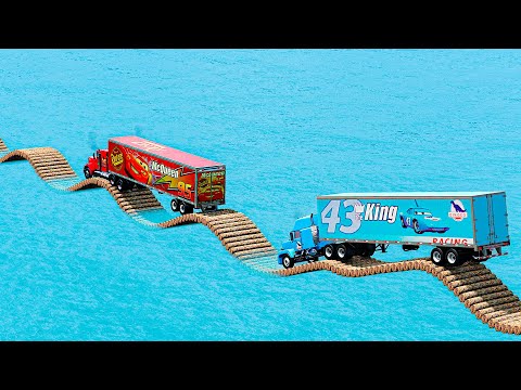 Mack truck vs Dinoco vs Impossible Log Wave Bridge Truck Car Rescue -Cars vs Deep Water-BeamNG.drive