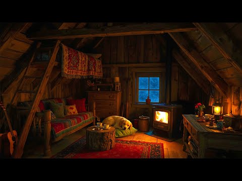 Syvä uni kadonneessa talvimökissä - Lumimyrskyn, takkatulen ja ulvovan tuulen äänet