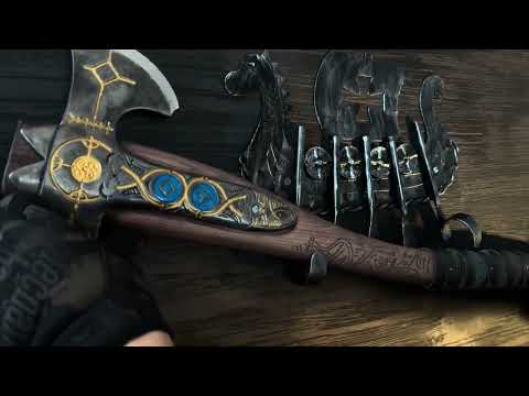 kratos-gold-4 - Wall mount holder - Hand-forged Leviathan axe with leather wrap 