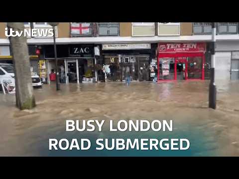 Busy London road submerged after burst water pipe sparks major flooding | ITV News