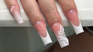 Long Ombre and French 3D Flower Acrylic Nails