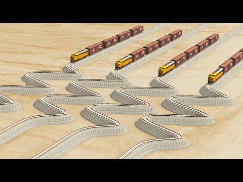 Impossible Snake Shape Curved Rail Tracks Vs Trains Crossing - BeamNG.Drive