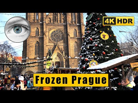 Snowy Prague Christmas Walking tour: Vinohrady, Wenceslas Square 🇨🇿 Czech Republic 4K HDR ASMR