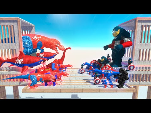 ⚡ SPIDER MAN KING T-REX vs CAPTAIN AMERICA KING GORO DEATH ARENA- 🦖 Animal Revolt Battle Simulator 🦕