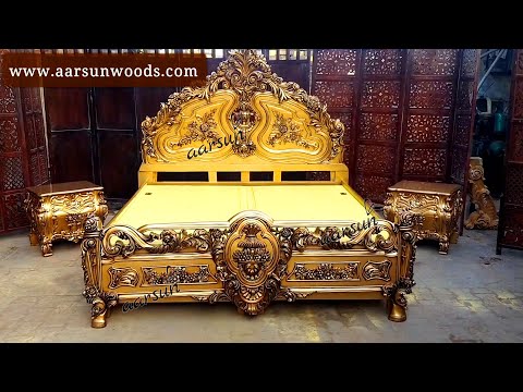 Traditional golden wooden royal maharaja bed, carved, size: ...