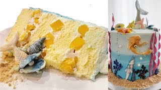 【Eng Sub】Mermaid Cake（Part 1）｜Chiffon cake with mango filling美人鱼蛋糕制作过程（第一部分）｜翻糖装饰的做法