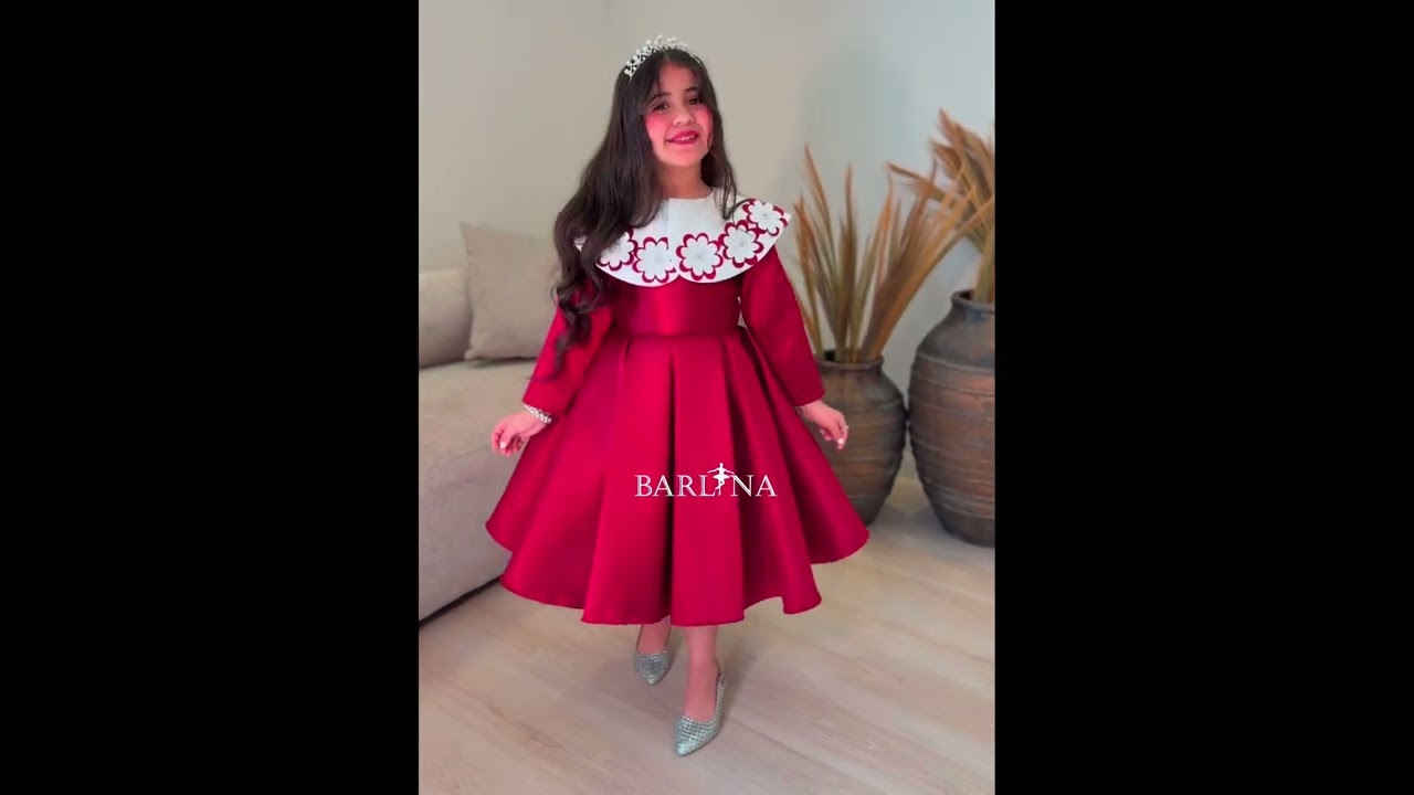 فستان عنابي بناتي بياقة بيضاء موردة - 3 سنوات