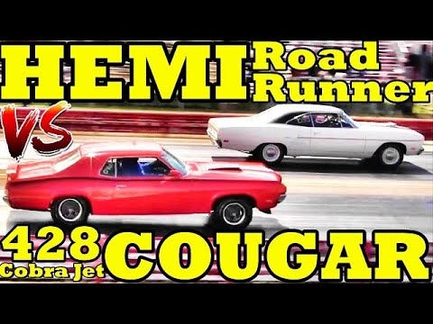 Which is FASTER ??? 70 Hemi Road Runner or 70 428 Cobra Jet Cougar - 1/4 Mile Drag Race - RoadTestTV