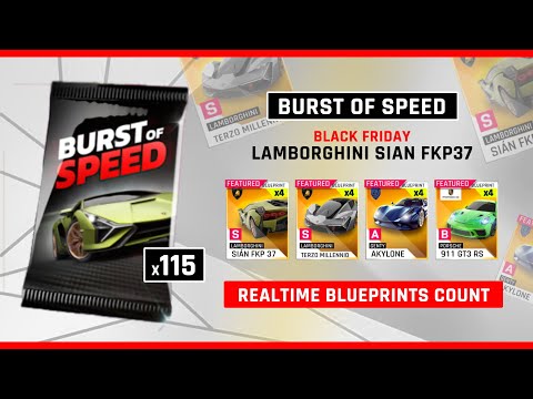 Asphalt 9 | Opening 115 Packs | BURST OF SPEED Lamborghini Sian FKP 37 | Realtime Blueprints Count