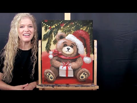 Learn How to Draw & Paint with Acrylics CHRISTMAS TEDDY BEAR - Paint & Sip at Home - Beginner Lesson