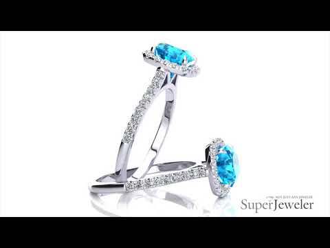 H091603 BT14KW Cushion Cut Blue Topaz and Halo Diamond Ring In 14K White Gold