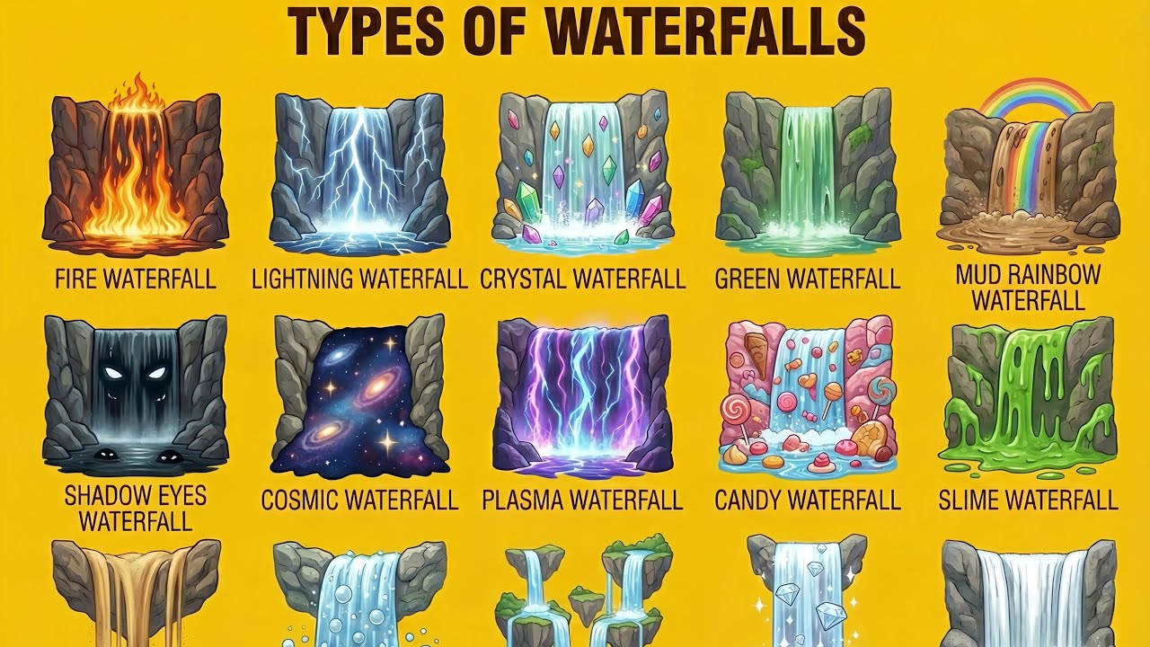 Types of Waterfalls | Fire, Lightning, Cosmic, Crystal Waterfalls in 8K Ultra Realistic AI