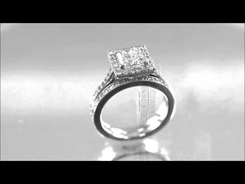 14K WHITE GOLD PRINCESS CUT DIAMOND ENGAGEMENT RING AND BAND HALO DECO 1.65CTW - KNR INC - 581