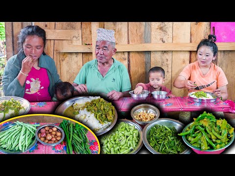 Green Beans, Potato & Fiddlehead mix fry recipe with rice || Mix Vegetable recipe in village kitchen