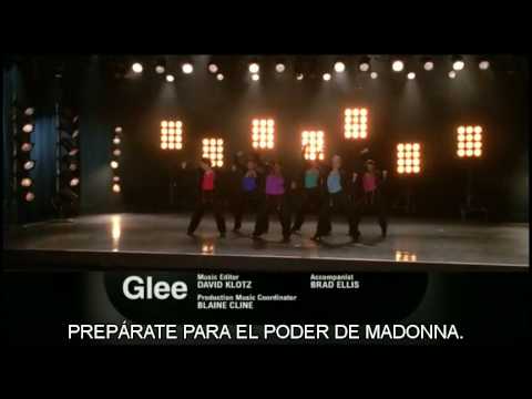 Glee Power of Madonna promo frame featuring Cheerios and Sue with Madonna styling