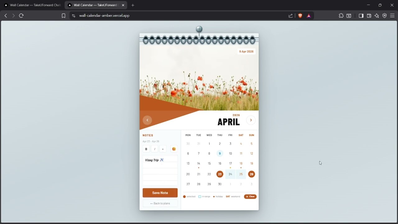 Interactive Wall Calendar Component | Next.js  + React + Tailwind CSS | TUF Frontend Challenge