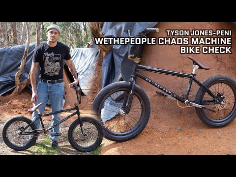 Tyson's signature Wethepeople Chaos Machine bike check; a freestyle BMX disc brake frame setup.