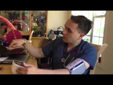 Doctor Joe monitors his blood pressure with a machine and a bad haircut