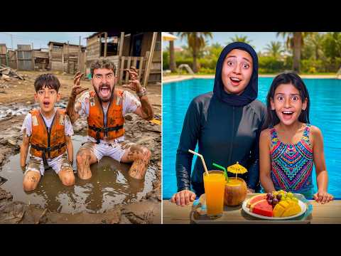 تحدي مسبح الغني ضد مسبح الفقير 24 ساعه 😱 ( بابا و ادم انهيار بكاء😭💔)!!
