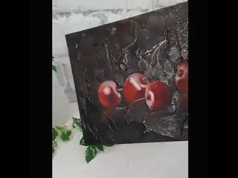 "Cherry" Modern small still life with fruits, oil painting of impasto. Realism. Painting