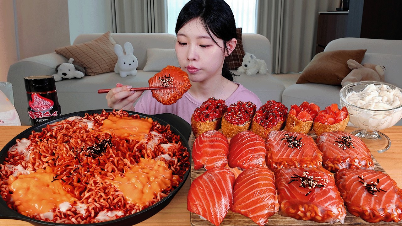 ASMR MUKBANG| 직접 만든 치즈 불닭 연어불닭쌈 연어초밥 연어유부초밥 먹방 & 레시피 BULDAK SALMON WRAP AND FIRE NOO
