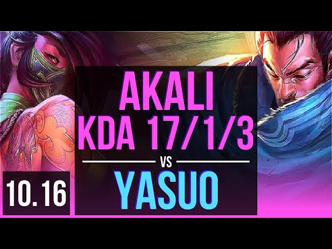 AKALI vs YASUO (MID) | KDA 17/1/3, 3 early solo kills, Triple Kill, Legendary | EUW Diamond | v10.16