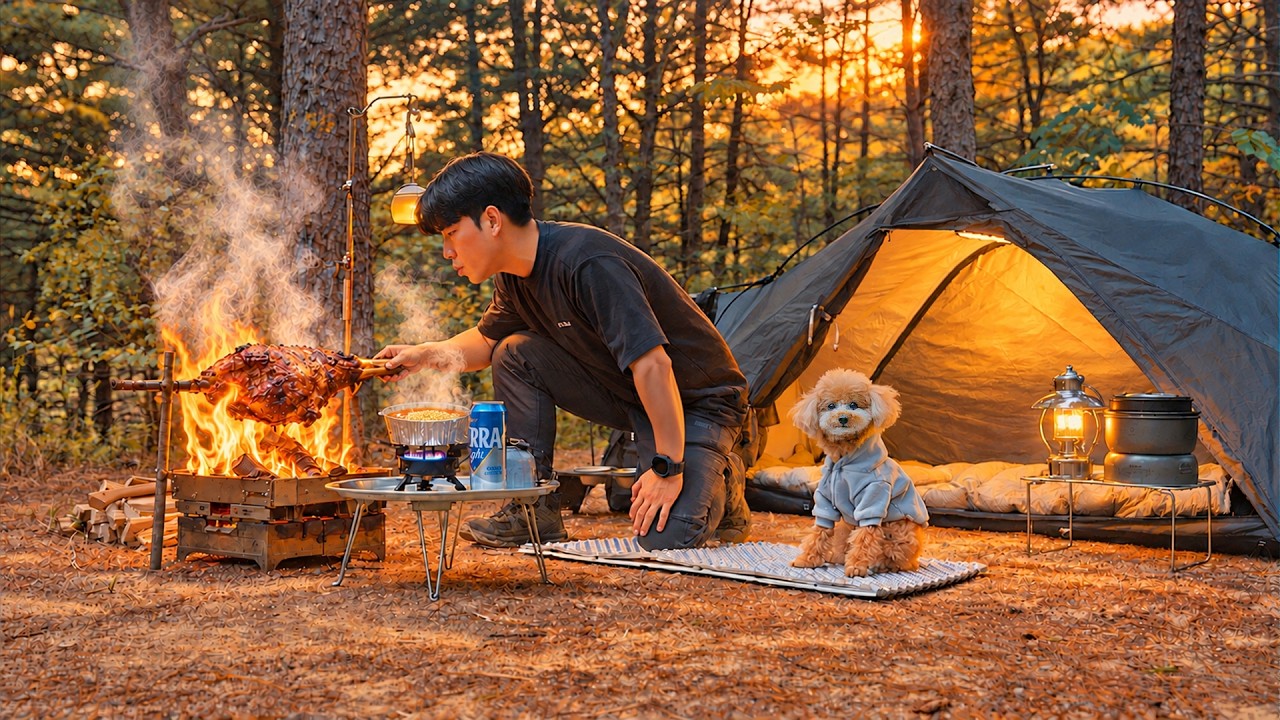 Forest Camping with My Dog and Roasting a Leg of Lamb in the Wild ASMR