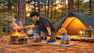 Forest Camping with My Dog and Roasting a Leg of Lamb in the Wild ASMR