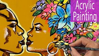 Flower Power Acrylic Painting Tutorial | Black Couple Art | @EasyPaintingVered