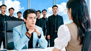 She enters by mistake, mistakes the CEO for an interviewer, he falls and pursues her