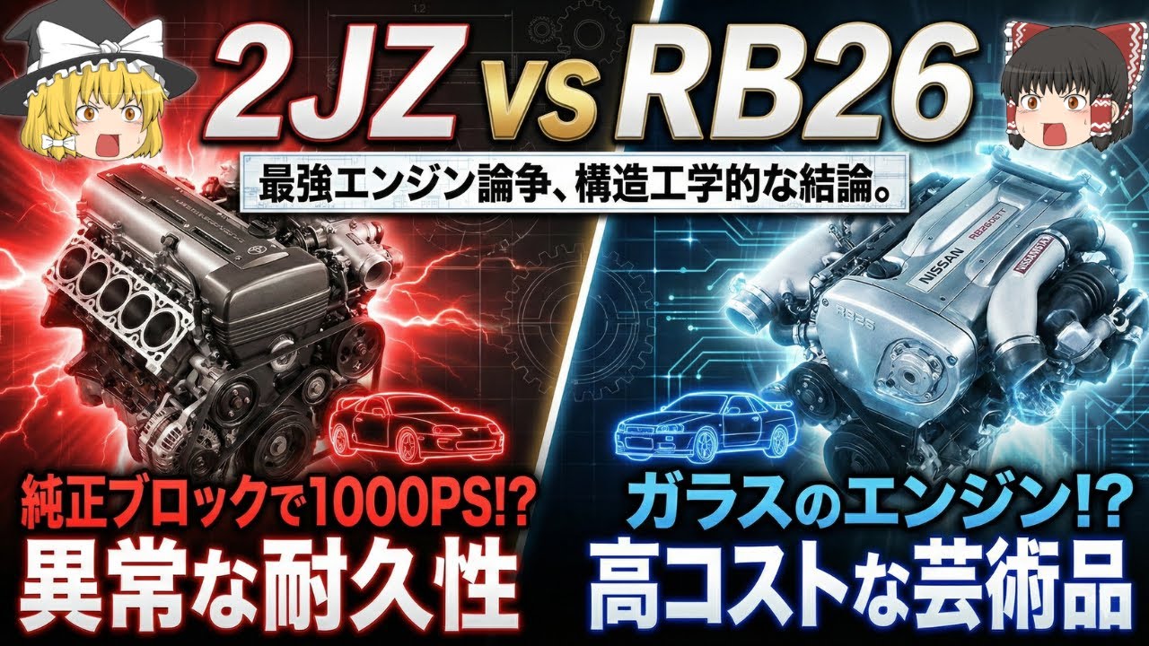 【徹底比較】2JZ vs RB26！なぜドリフト界はGT-Rを捨ててスープラを選ぶのか？「壊れない」という性能がもたらす究極の構造的アドバンテージ【ゆっくり解説】【クルマの雑学】