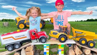 Build a NEW bridge from blocks for the Fuel Truck, Excavator, Tractor Children play with toys