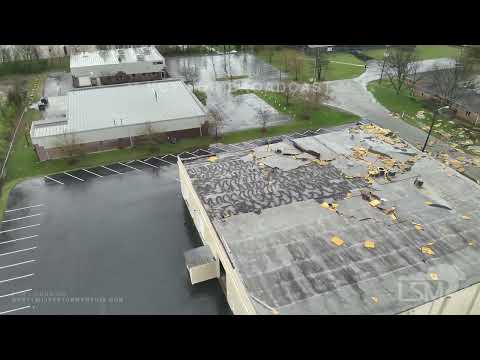 04-05-2023 Jeffersontown, KY - Drone - Roofs peeled off industrial park and primary powerpoles bent