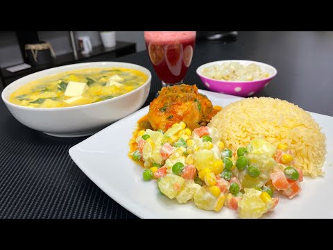 “Delicioso Almuerzo Ecuatoriano Completo: Sopa de Espinaca, Seco de Pollo y Ensalada Rusa”