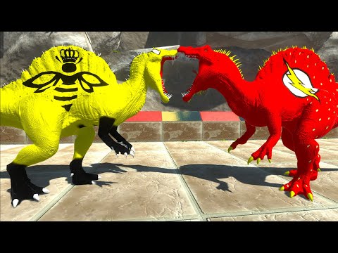 BEE SPINO & BATMAN T-REX vs DEADPOOL SPINO & FLASH SPINO DEATH RUN - Animal Revolt Battle Simulator
