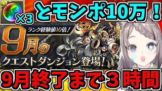 【残り3時間】虹メダルとモンポ10万GET!9月終了まで残り3時間!今月のクエストを終わらせて虹メダルとモンポ10万をGETしておこう!【パズドラ】