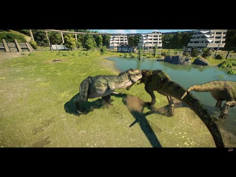 2x T-REX vs 2x GIGANOTOSAURUS BREAKOUT AND FIGHT - Jurassic World Evolution 2