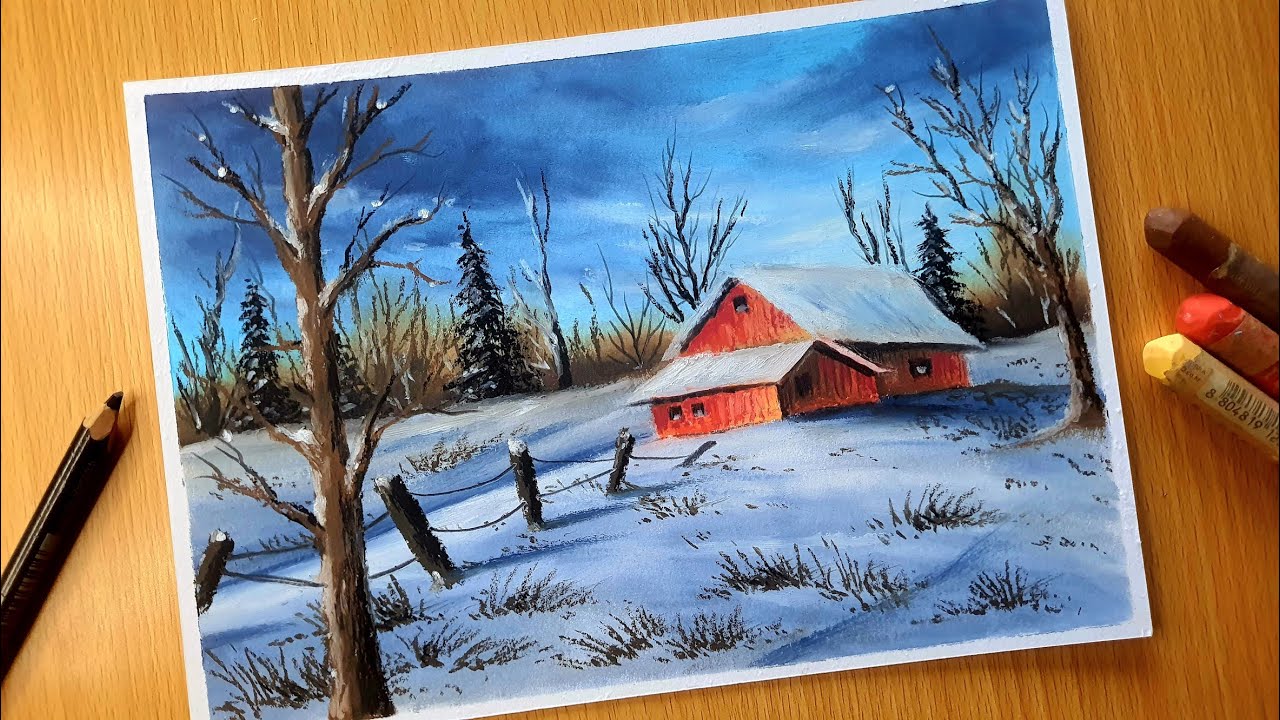 Nature Drawing with Oil Pastels / WINTER LANDSCAPE / Oil Pastel Scenery Drawing for Beginners