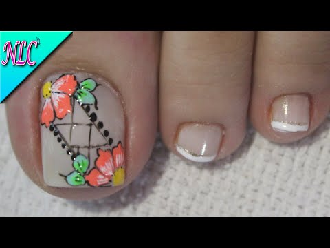 DISEÑO DE UÑAS PARA PIES FLORES CON FRANCÉS ¡Muy Fácil! – FLOWERS NAIL ART – FRENCH NAIL ART – NLC