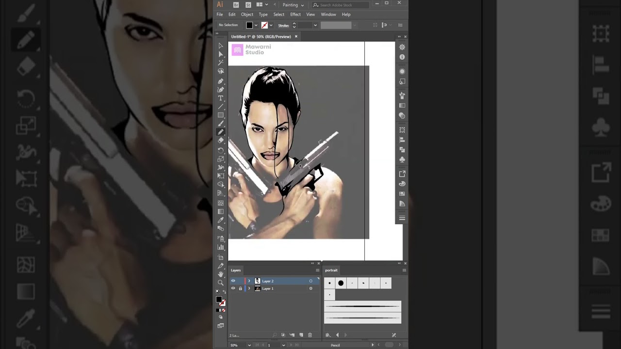 Tutorial how to draw siluet Vector Illustrator Tomb Rider Angelina Jolie