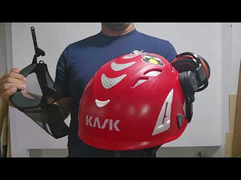 Kask Super Plasma with face visor and hearing protection. 