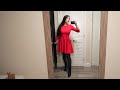 Red Dress Black Nylons Shiny Black Boots OOTD Express Wolford Amazon