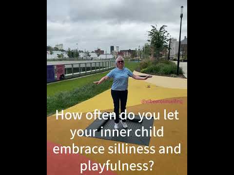 A video of a woman hesitant to jump on a trampoline, is enjoying being silly and laughing.  Allowing yourself to be free and silly can help to relieve anxiety, stress and depression.