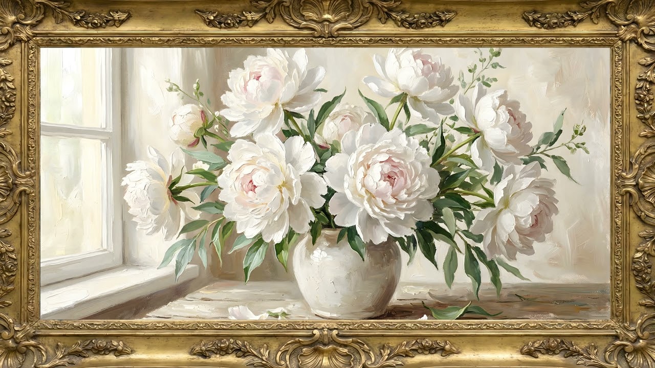 Gold Framed White Peony Still Life | 4K Impasto Painting | 2 Hours — 4K ambient art screensaver in baroque gold frame